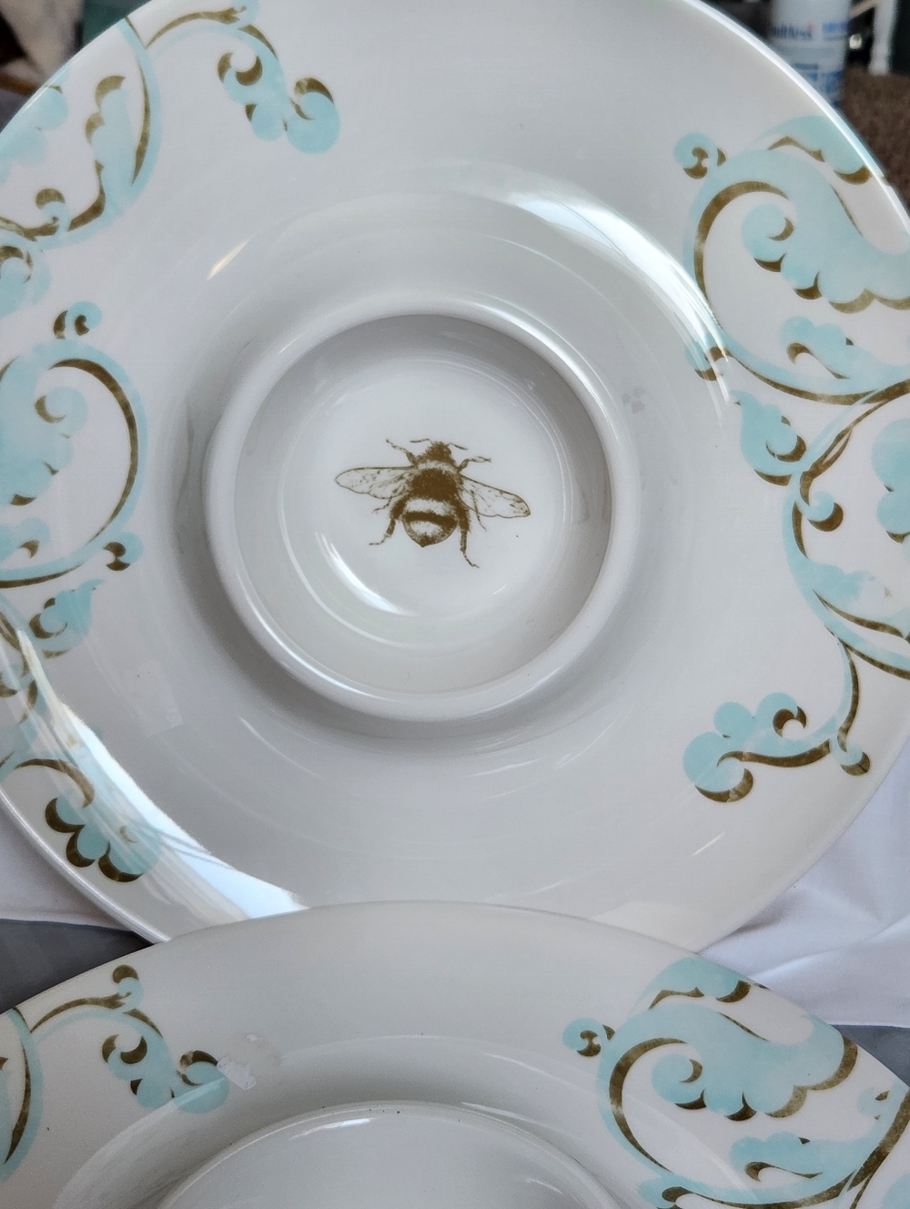 2 Decorative Bee Accent White and Light Teal Serving Bowl - Dip - Veg.